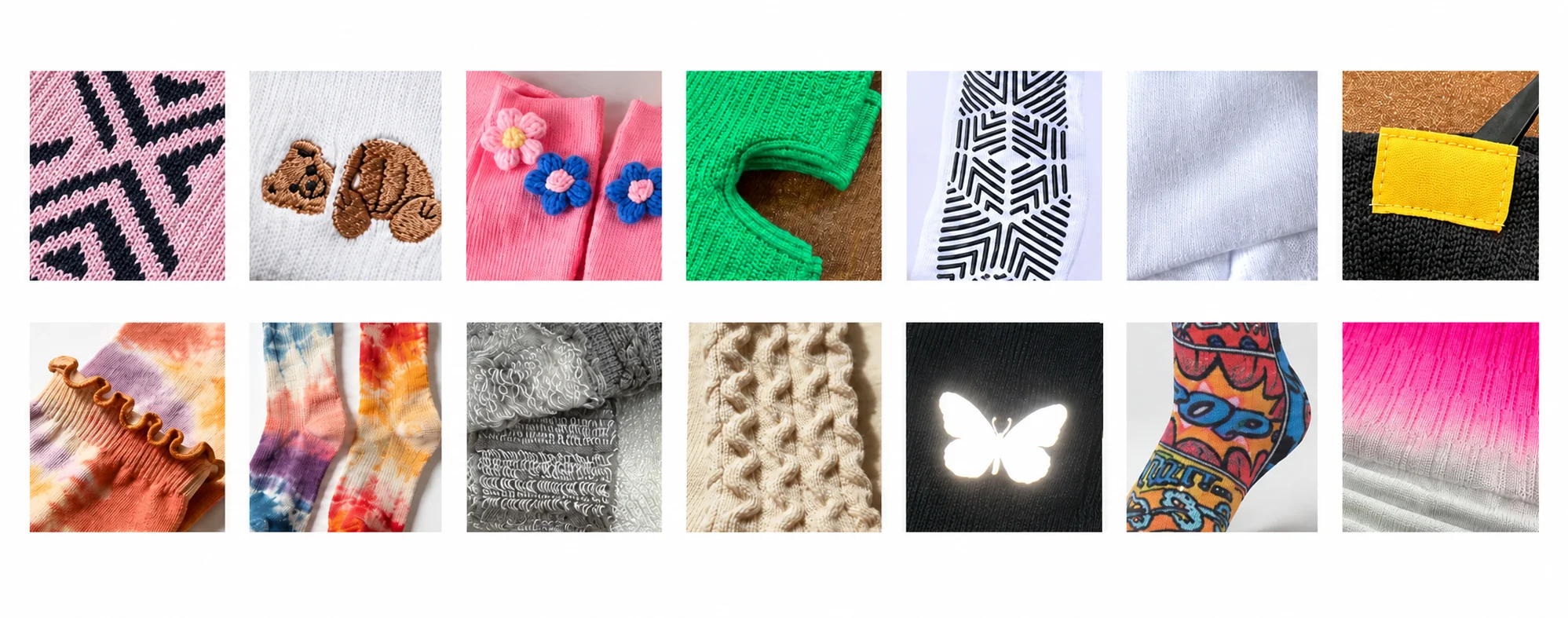 Close-up gallery of knitted patterns, embroidery, grip soles and finishing details