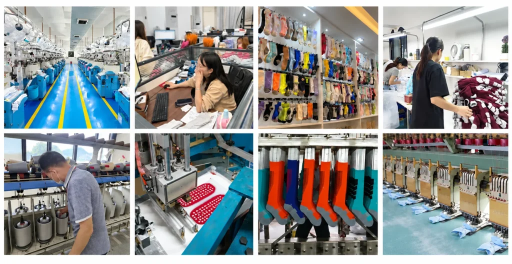 Eight views of sock production, sample room, team and factory equipment
