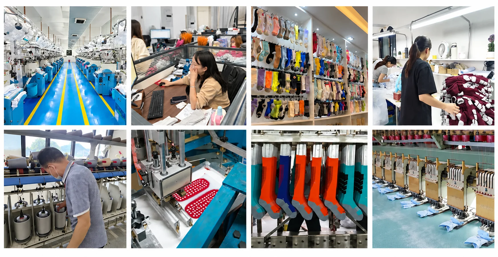Eight views of sock knitting, sampling, inspection and finishing