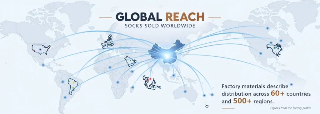 Factory profile global reach map stating 60 plus countries and 500 plus regions