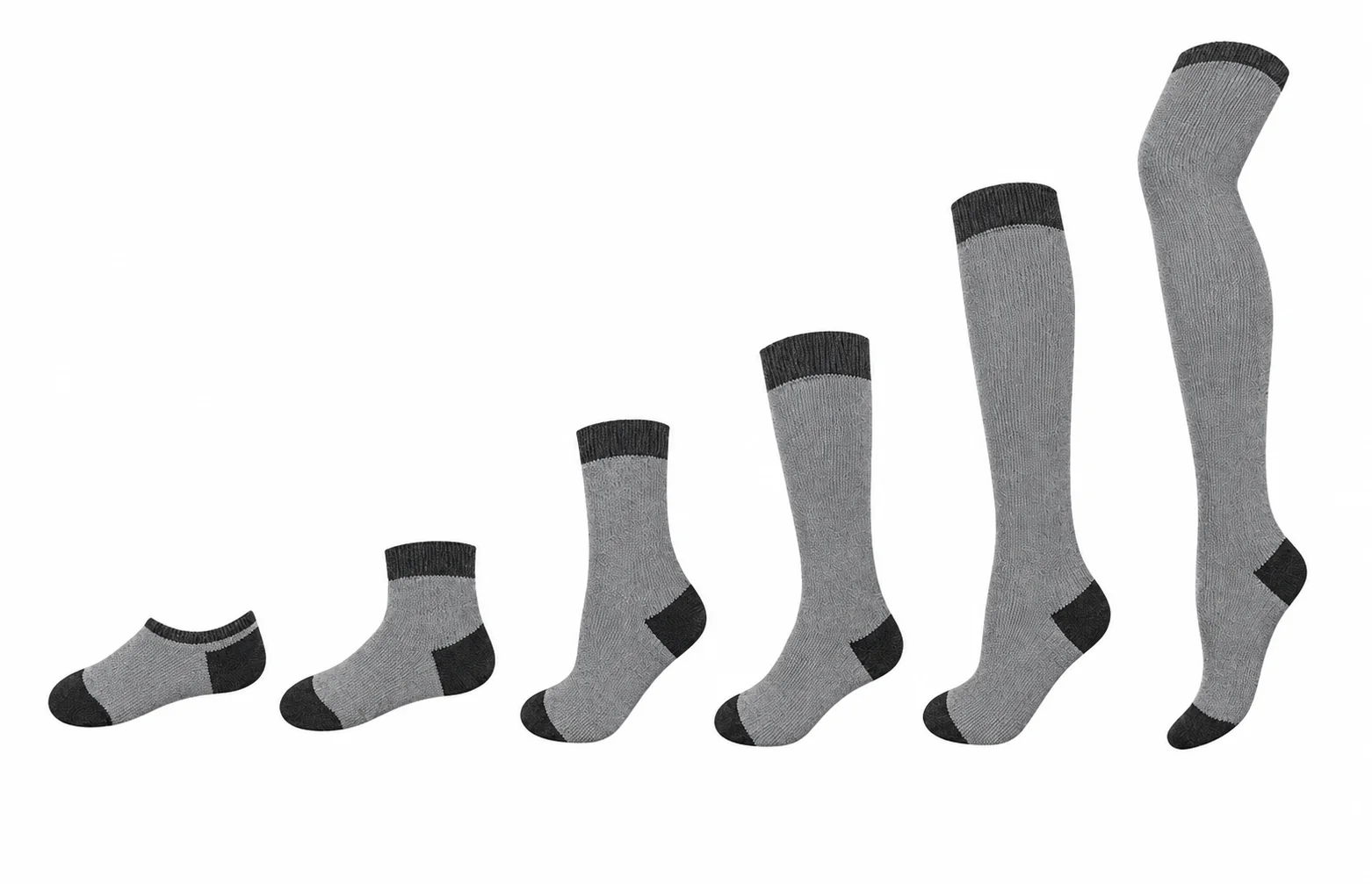 Six sock silhouettes showing short to over-the-knee length options