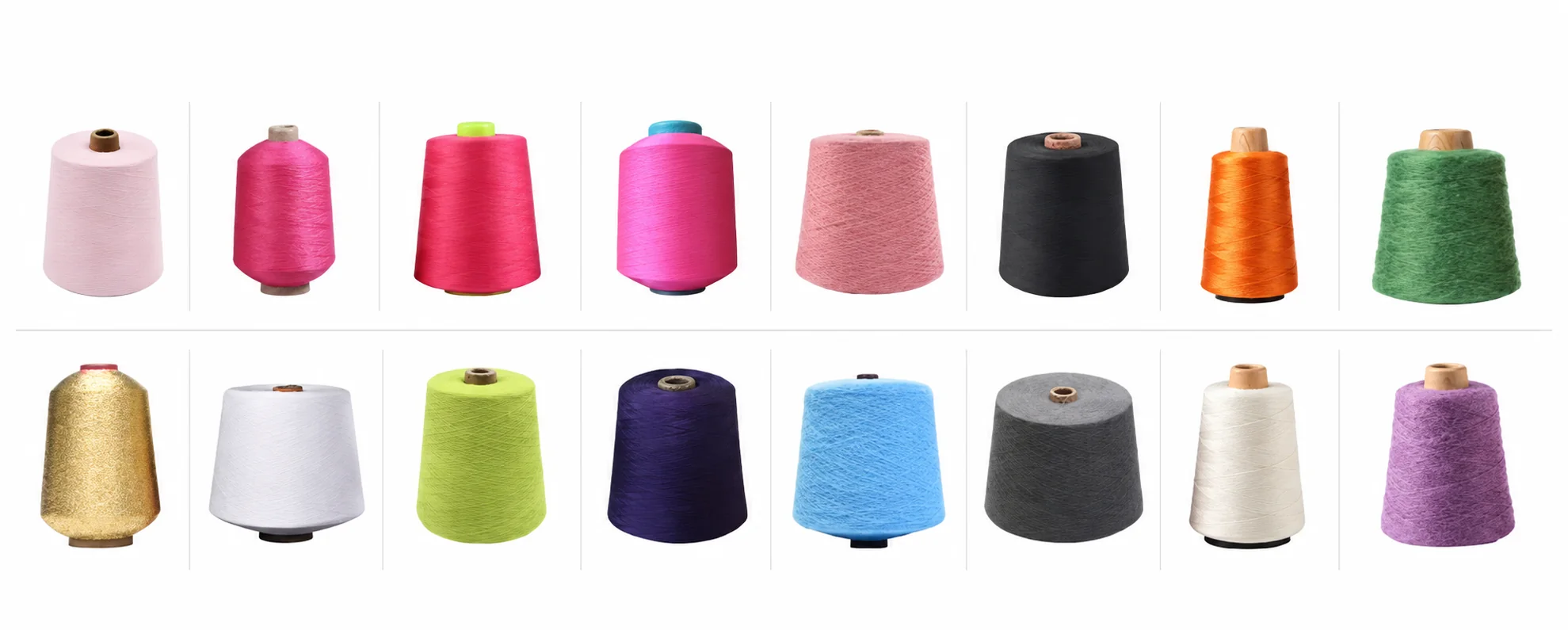 Two rows of yarn cones illustrating material and color options for custom socks